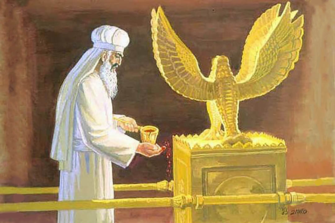 施恩座上的宝血-大祭司要带赎罪祭牲之血进入至圣所,「用指头弹在施恩座的东面，又在施恩座的前面弹血七次」-经文利未记16章