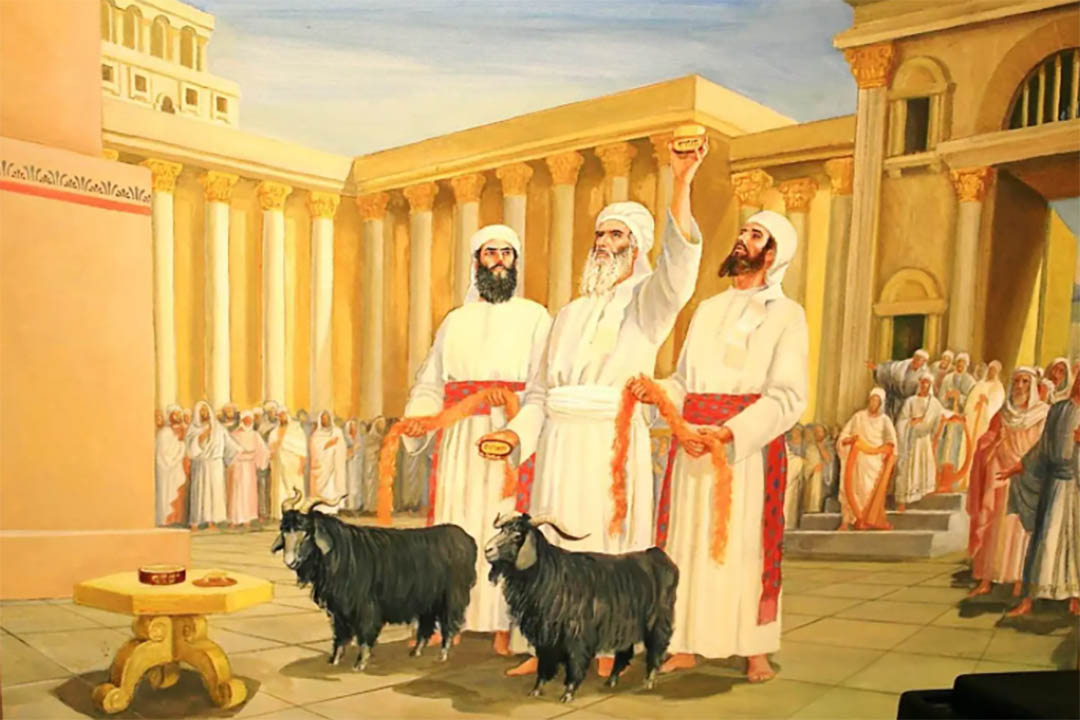 赎罪日-两只山羊，一只献祭，大祭司在至圣所施恩座前献祭弹血之后，出来要按手在另一只公山羊头上，承认百姓诸般罪孽过犯，把百姓的罪都归在这只羊头上，然后送到旷野去。