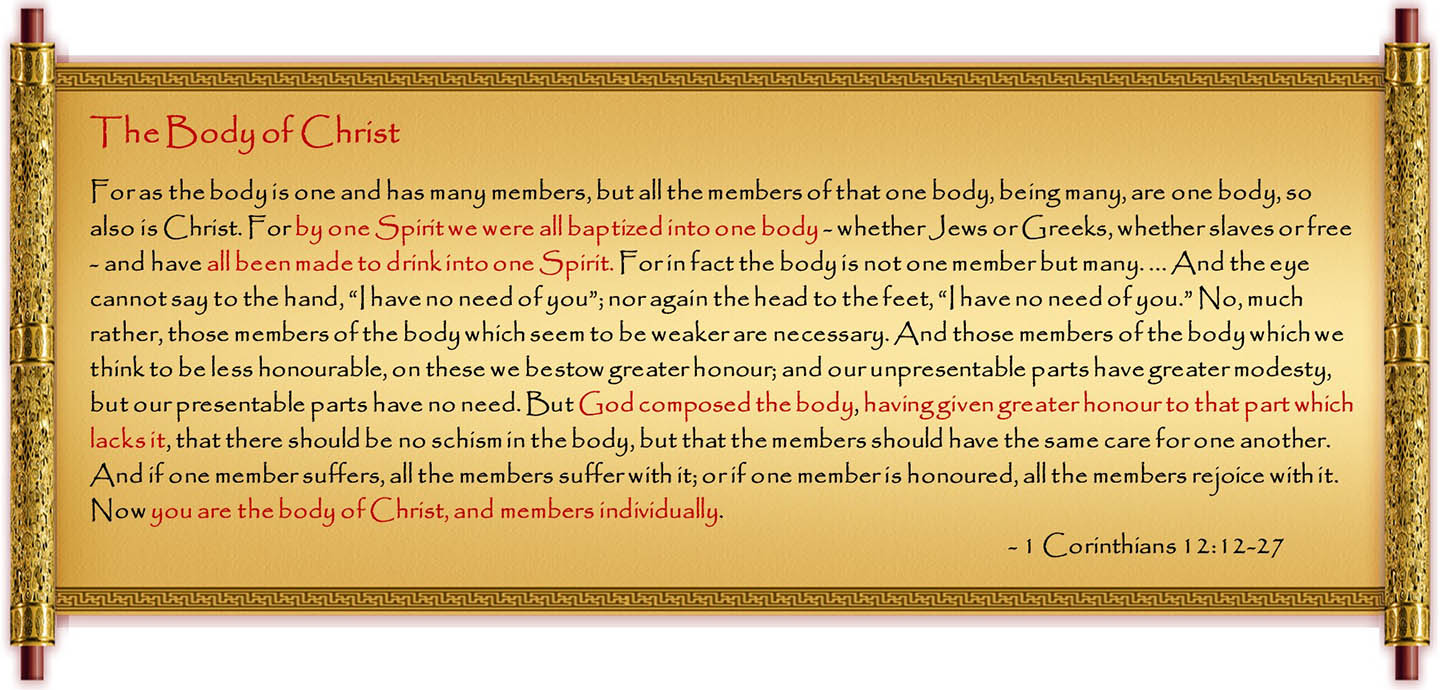 Scripture in Golden Scroll - 1 Corinthians 12:12-27